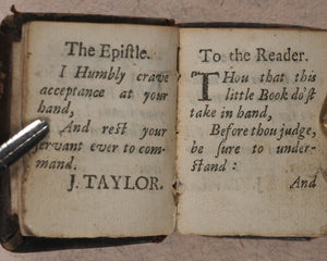 Thumb Bible. Verbum Sempiternum [and] Salvator Mundi, [by John Taylor]. F. Collins for T. Ilive. At the Nags-Head in Jewen Street. London. 1693.